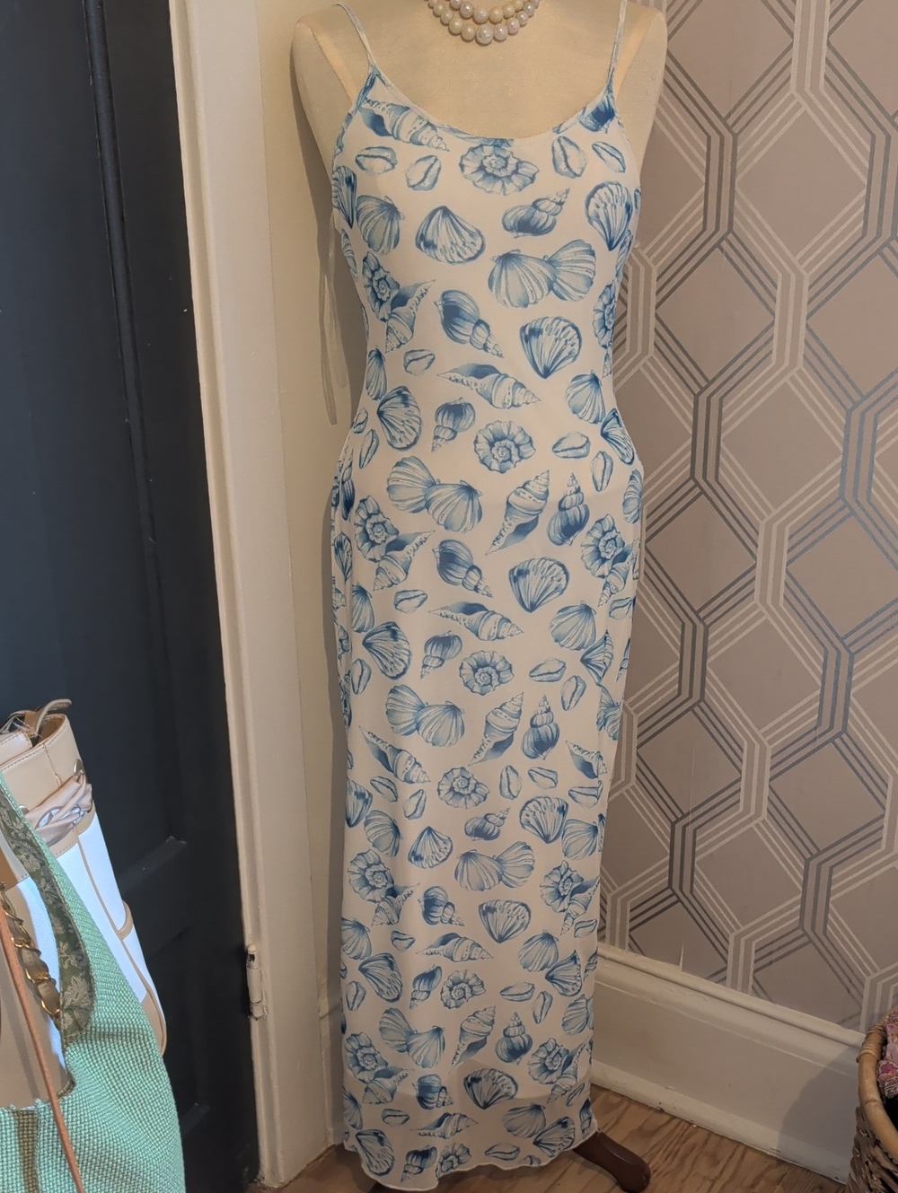 See You Monday White Maxi Dress with Blue Shell Print